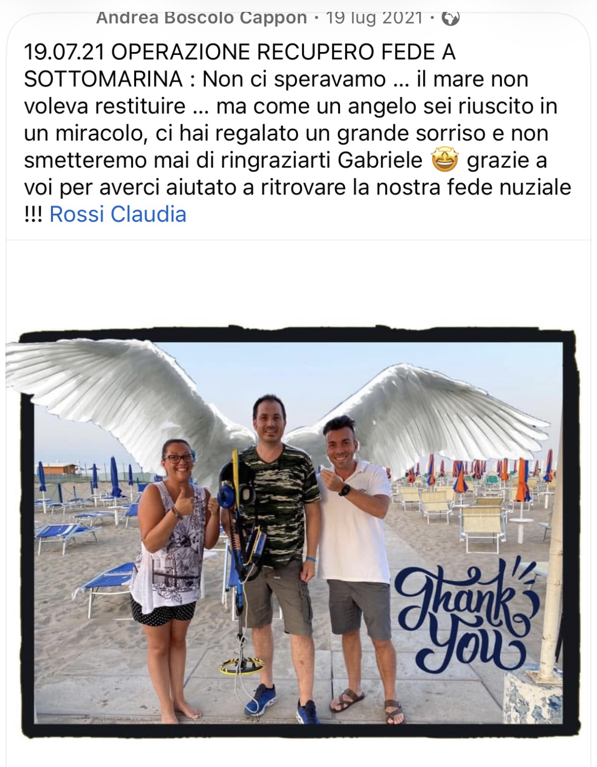 Recupero fede nuziale a Sottomarina — 19.07.2021, ringraziamento di Rossi Claudia e Andrea Boscolo Cappon